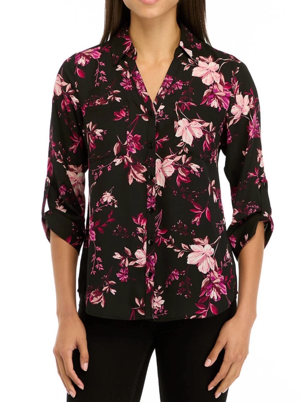 Women's Floral Button-Front Blouse - Black/Pink -Large - A Byer